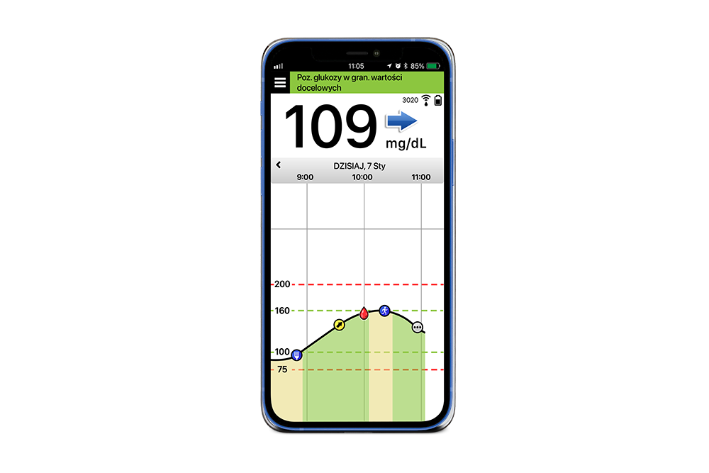 Kobieta trzymająca telefon komórkowy z informacjami o leczeniu cukrzycy z pomocą Eversense.