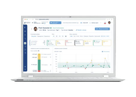 Ilustracja przedstawiająca ikonę symbolizującą lekarza, która znajduje się obok laptopa wyświetlającego ekran ze strony GlucoContro.online.