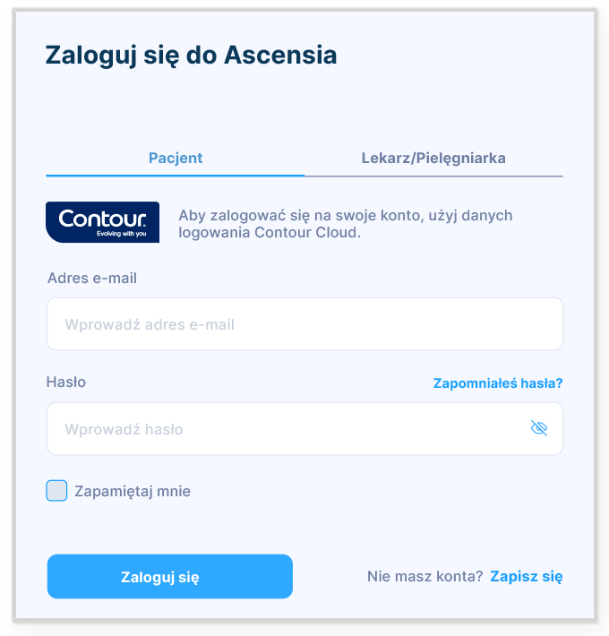 Ilustracja przedstawiająca ekran logowania do aplikacji CONTOUR<sup>®</sup>DIABETES.